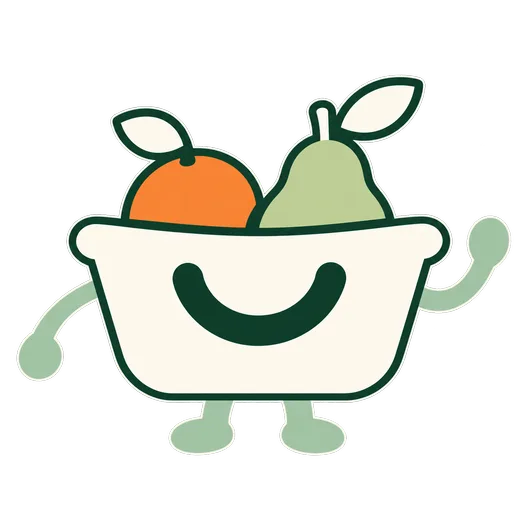 The Grocery Folks basket, smiling and waving, with an orange and a pear